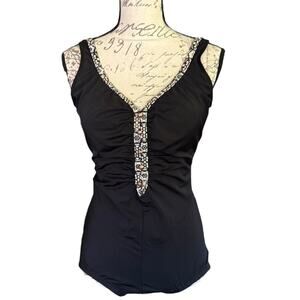 Rose Marie Reid Black Ruched Stomach V Neck Swimsuit Size 14